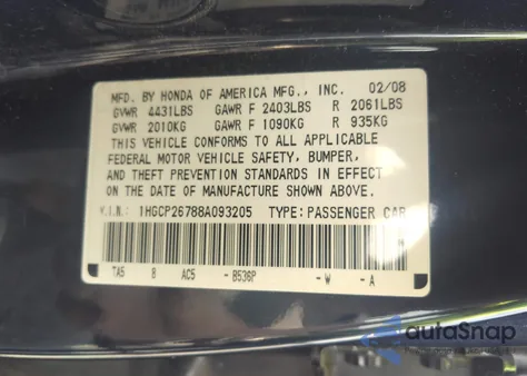 2008 Honda Accord 2.4 Ex z USA, uszkodzony, nr VIN 1HGCP26788A093205